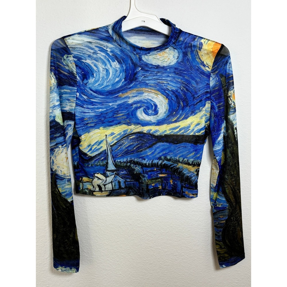 Shein Starry Night Van Gogh Mesh Crop Top Long Sleeve Mock Neck Blue Large